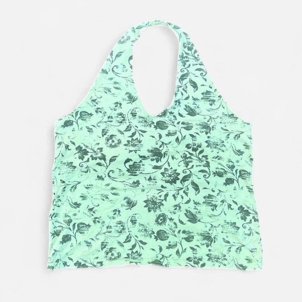Faded Glory Vintage Y2K Green Stretch Cotton Halter Top with Floral Print